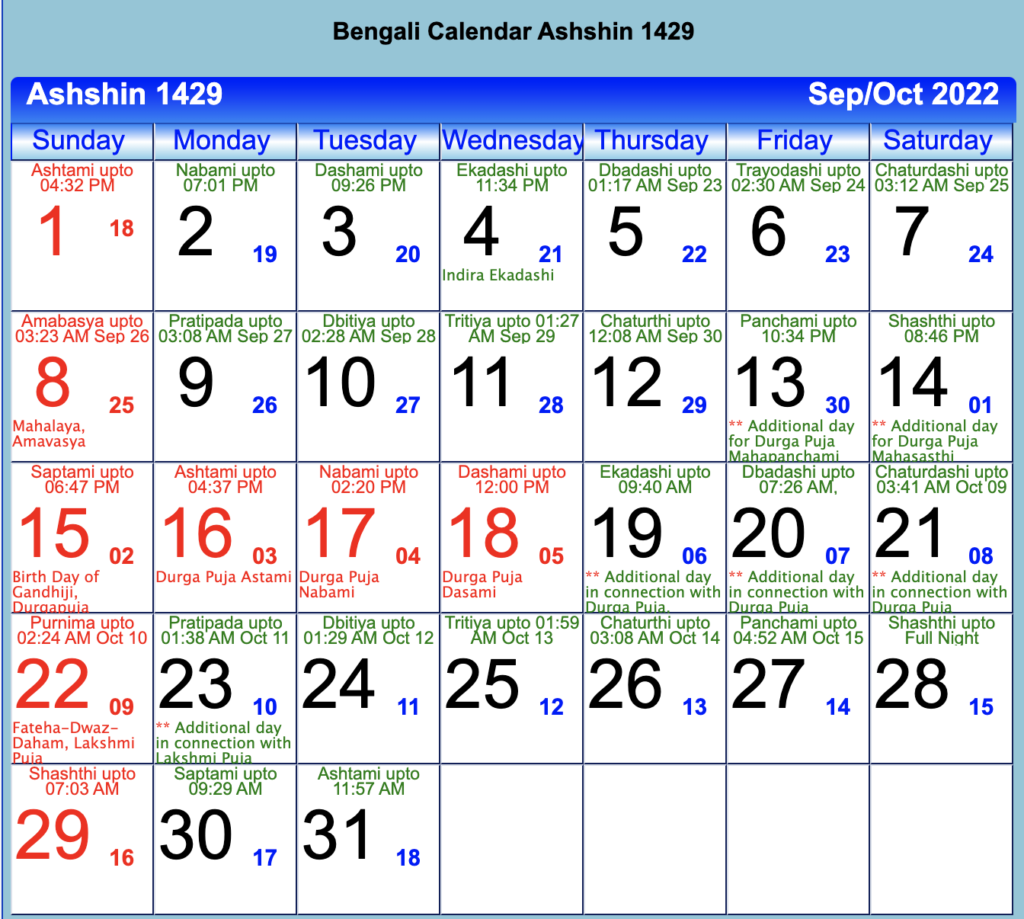 Bengali Calendar Ashshin 1429 - September 2022