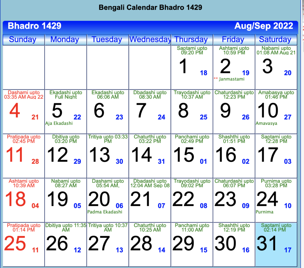Bengali Calendar Bhadro 1429 - August 2022