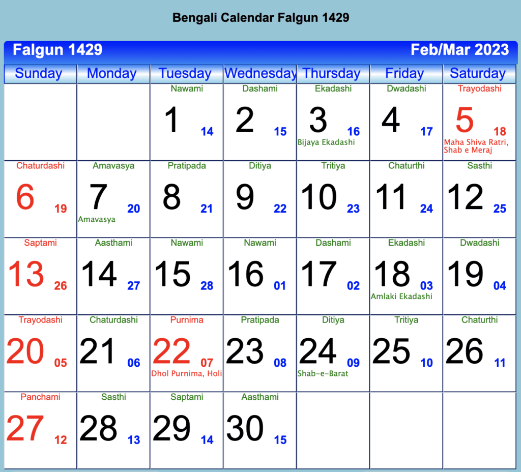 Bengali Calendar Falgun 1429 - February 2023