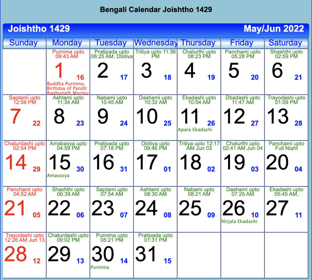 Bengali Calendar Joishtho 1429 - May 2022