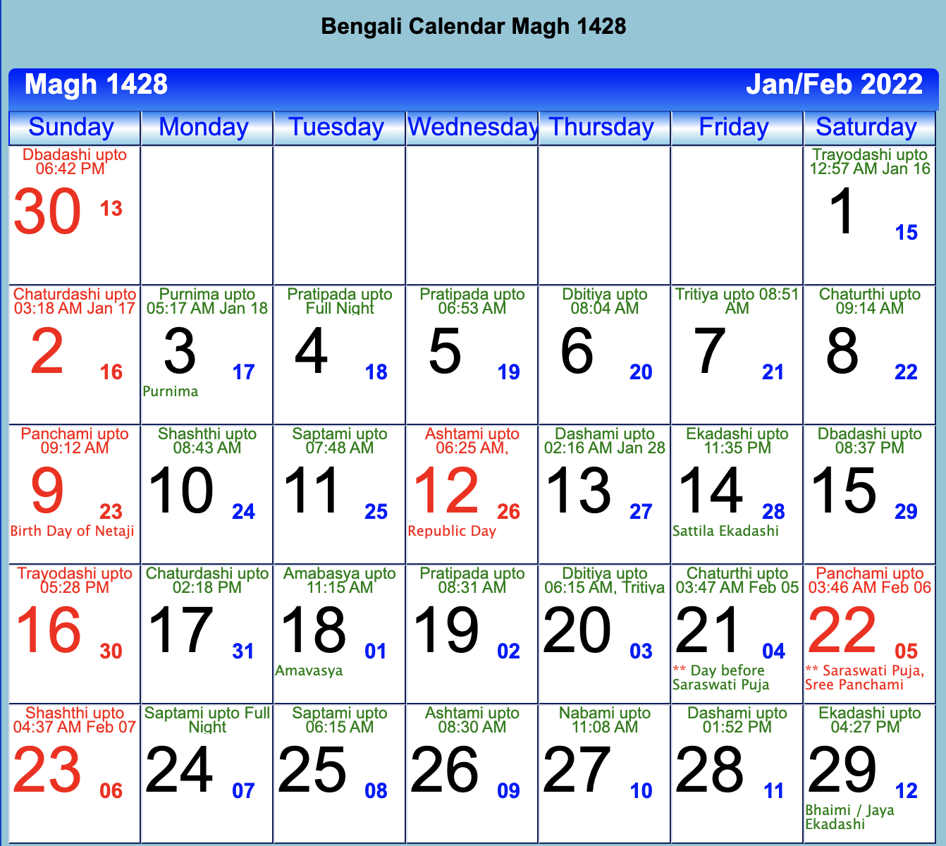 Bengali Calendar Magh 1428 January 2022