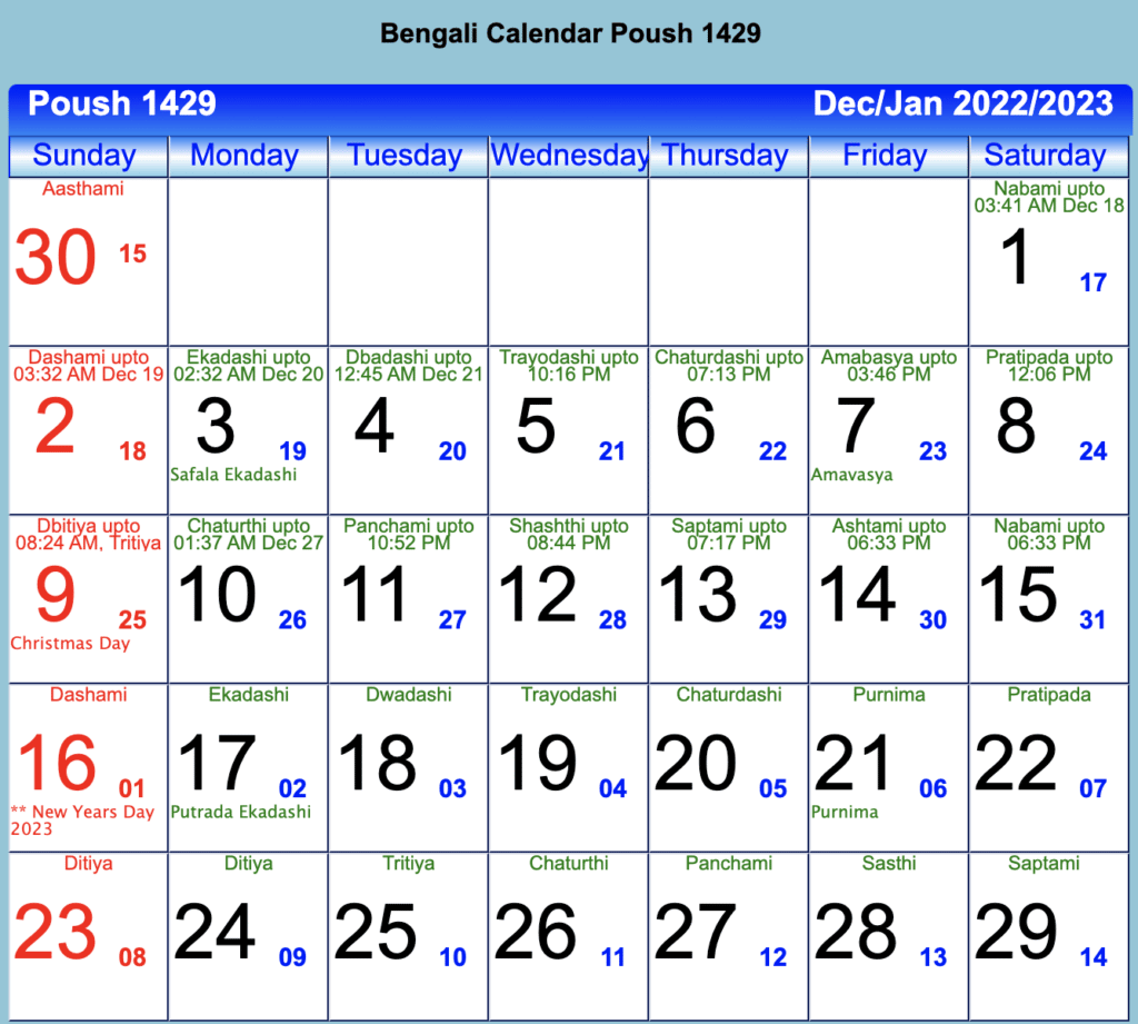 Bengali Calendar Poush 1429 - December 2022