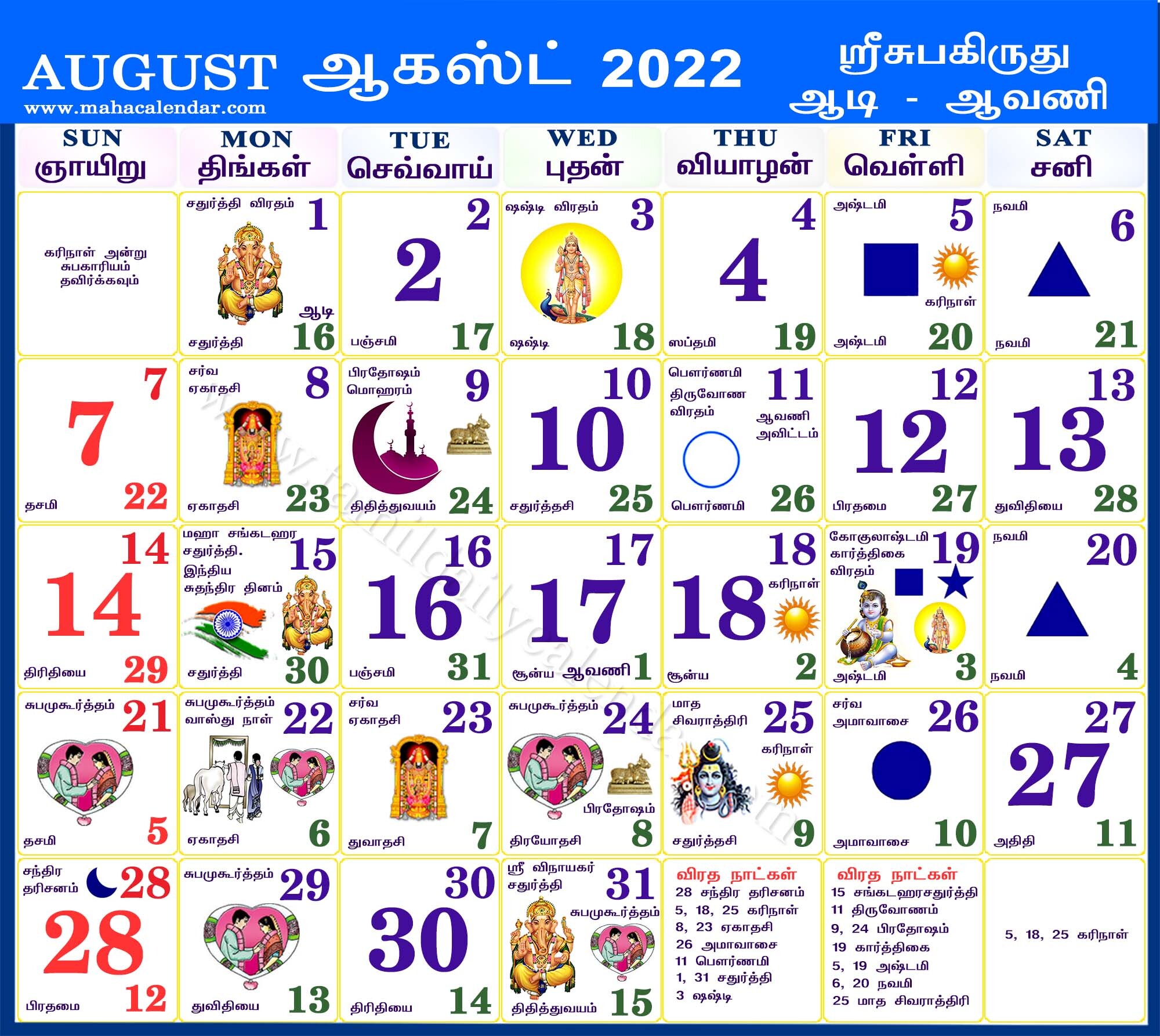 Tamil Calendar August 2022