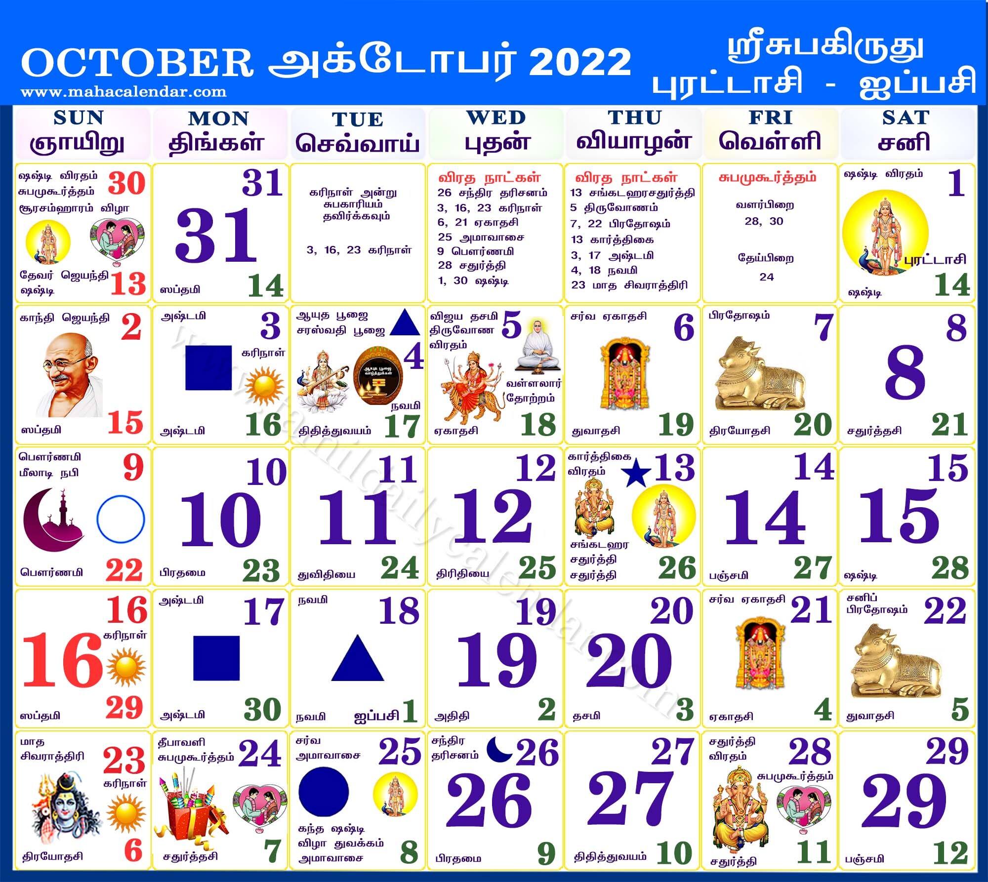 Tamil Calendar October 2022